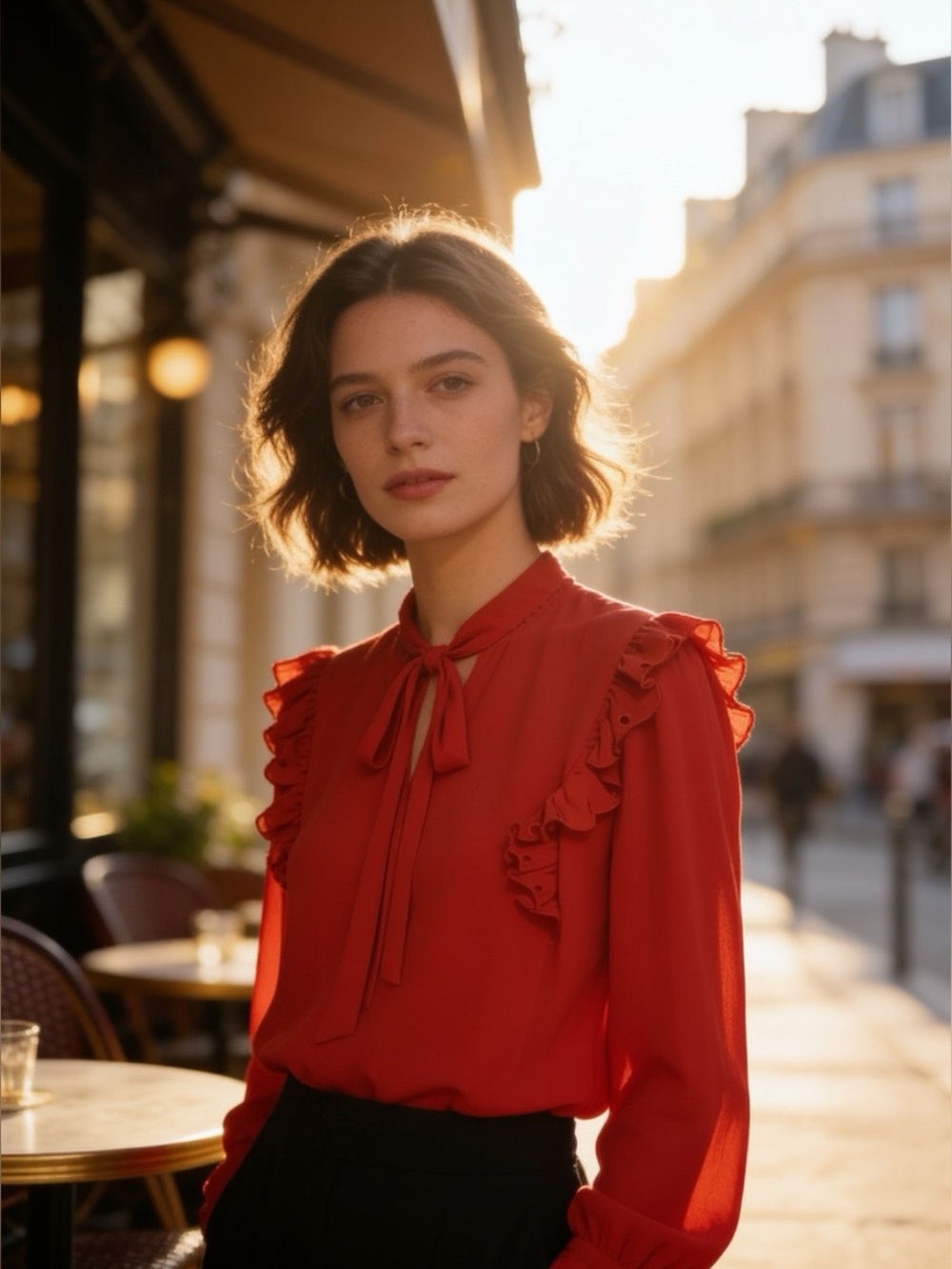 CeCe Red Ruffle Tie-Neck Blouse - Women's Top
